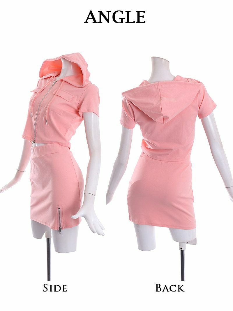 短丈半袖フードパーカー×ミニタイトスカートセットアップ2点セット