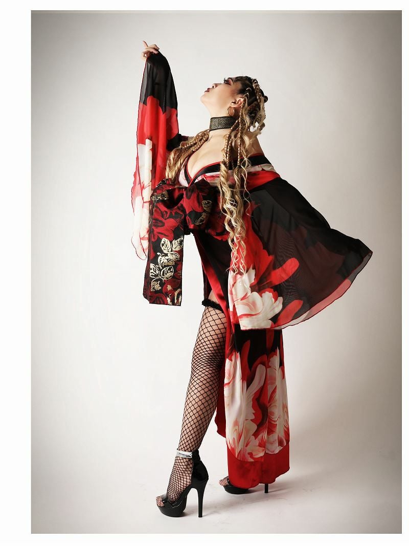 本格盛り帯！豪華大判妖艶花柄シフォングラデ和装着物衣装 ダンス衣装
