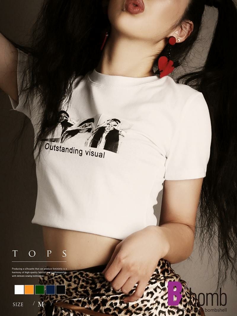 ショート丈転写プリント半袖Tシャツ