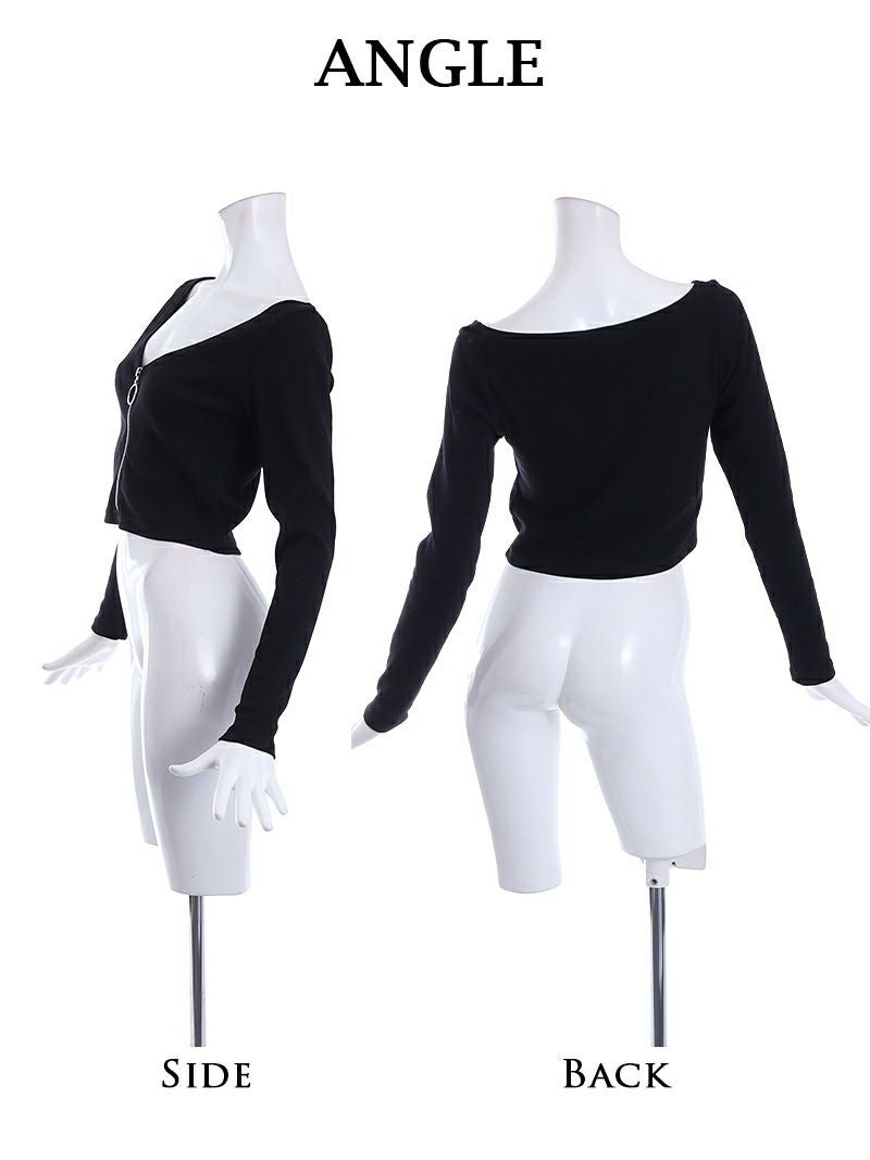 ジッパーショート丈リブニット長袖トップス