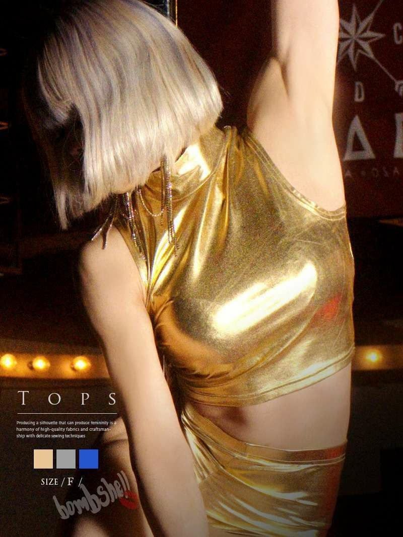 ハイネックノースリーブメタリックショート丈タンクトップ