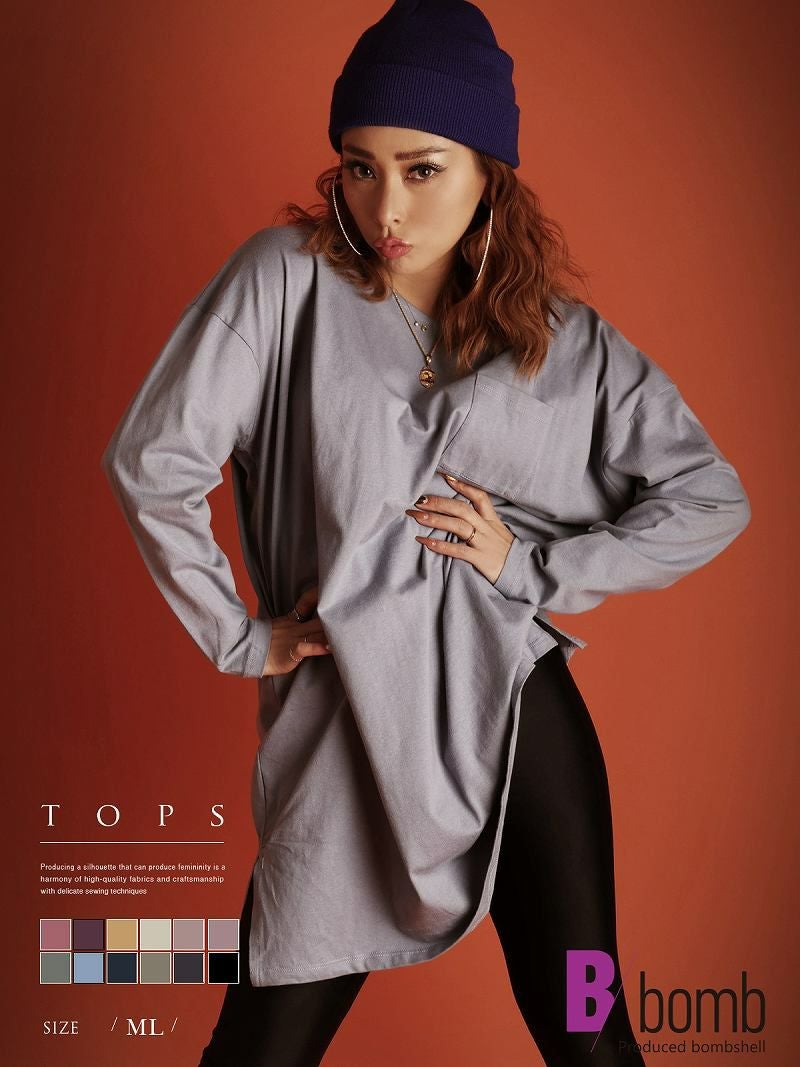 胸ポケットデザイン無地ロングスリーブTシャツ