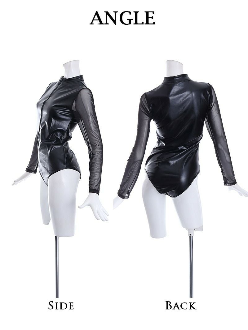 フェイクレザー長袖シースルーボディースーツ