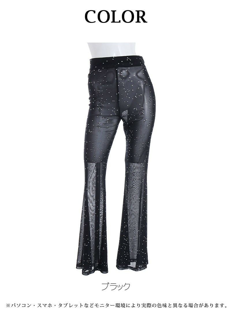 シースルー箔プリントメッシュワイドフレアパンツ
