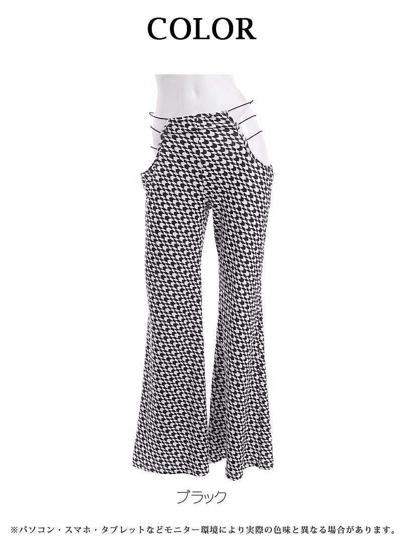 紐ウエスト格子柄フレアパンツ