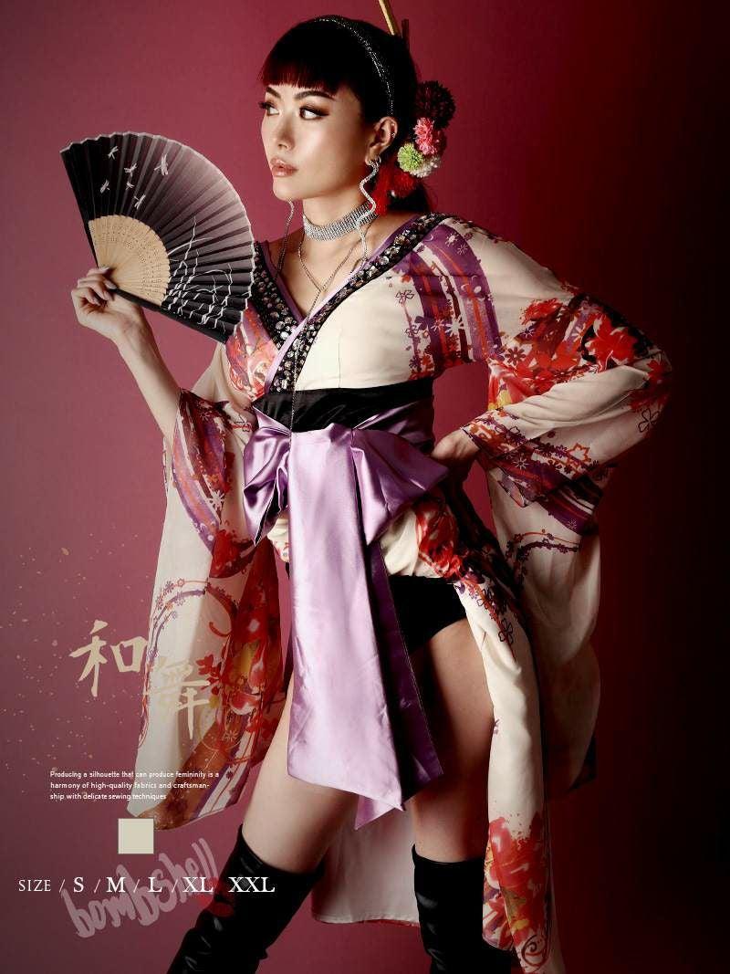 華やか花魁風シフォン着物ドレス ダンス衣装【bombshell】(S/M/L/XL