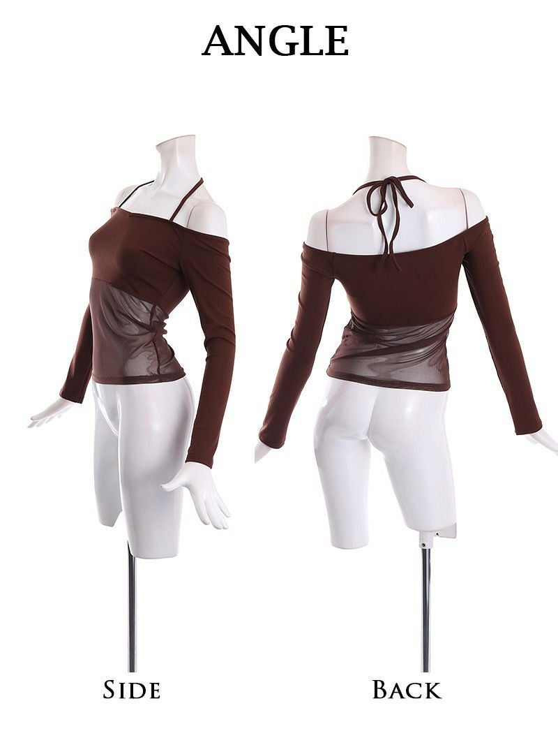 ショッキングピンクシースルーオフショルトップスおしゃれTシャツ