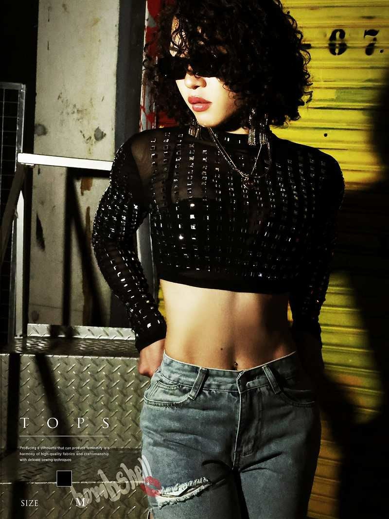 キラキラビジュー付きシースルー長袖クロップド丈トップス