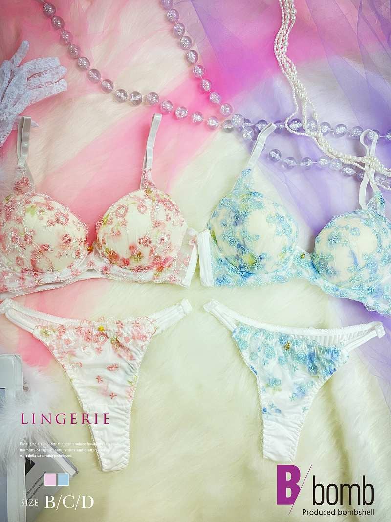 上下花柄刺繍ランジェリーセットショーツ2枚とブラの3点セット