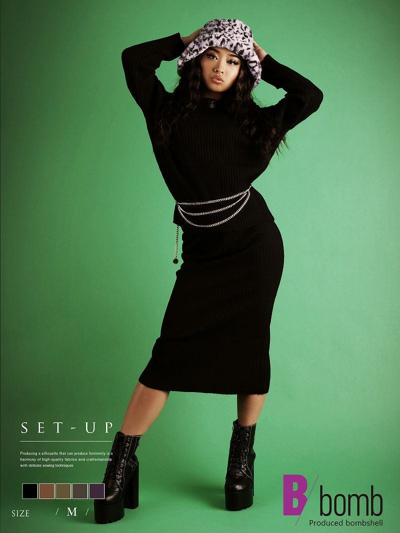 ニットセットアップ縦リブニットワンピース