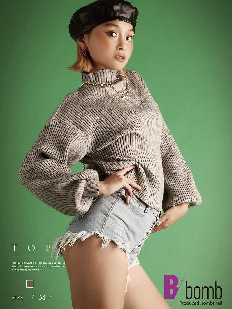 ハイネックリブニットトップス