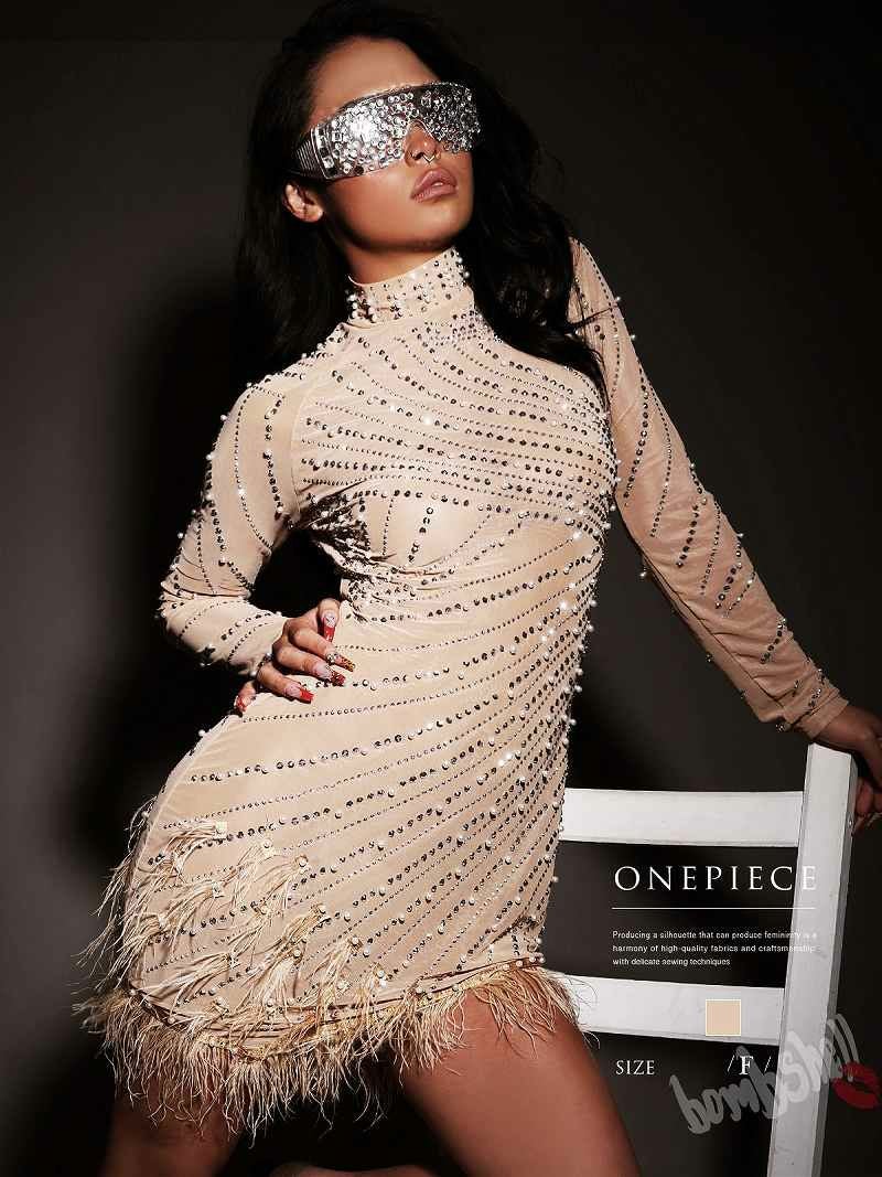 ビジューパール付きステージ衣装フリンジワンピース