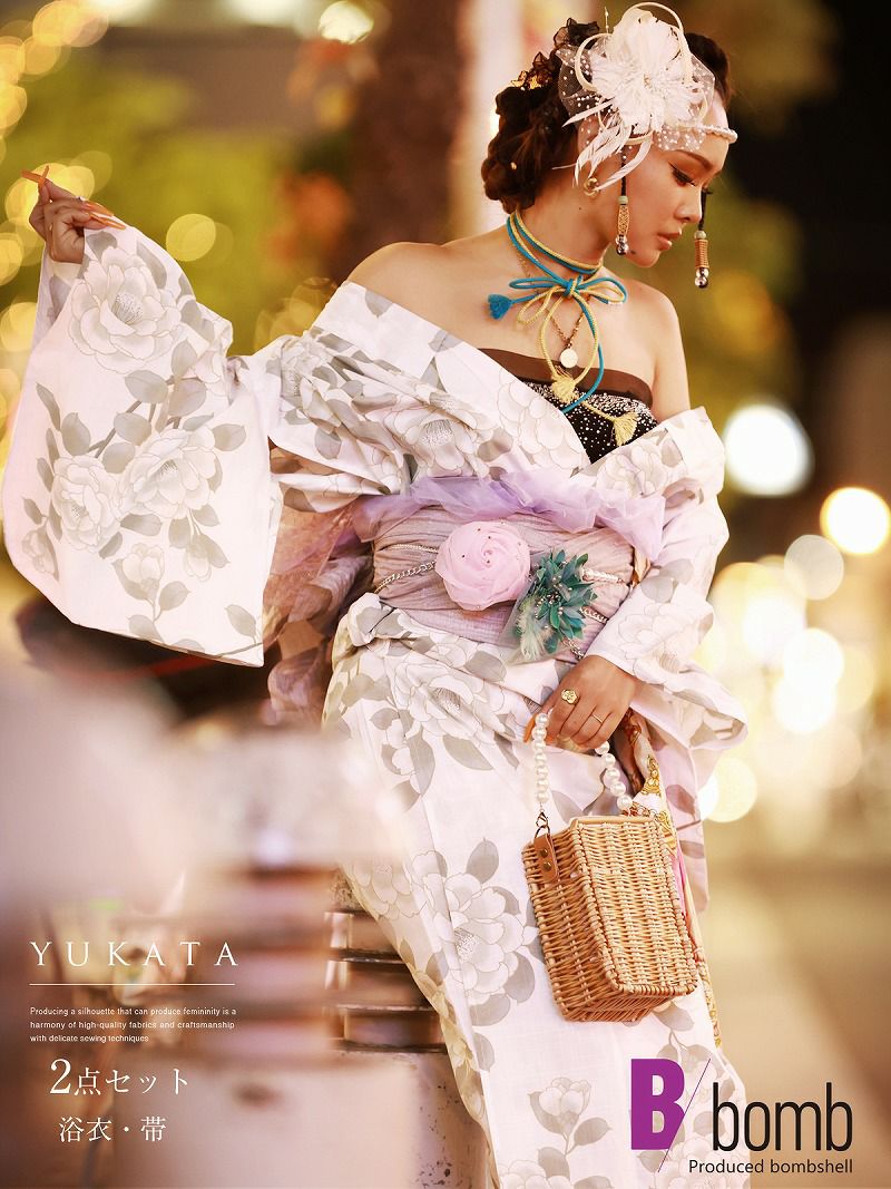 白地浴衣ラグジュアリーな椿柄レディース浴衣2点セットラメ帯付き
