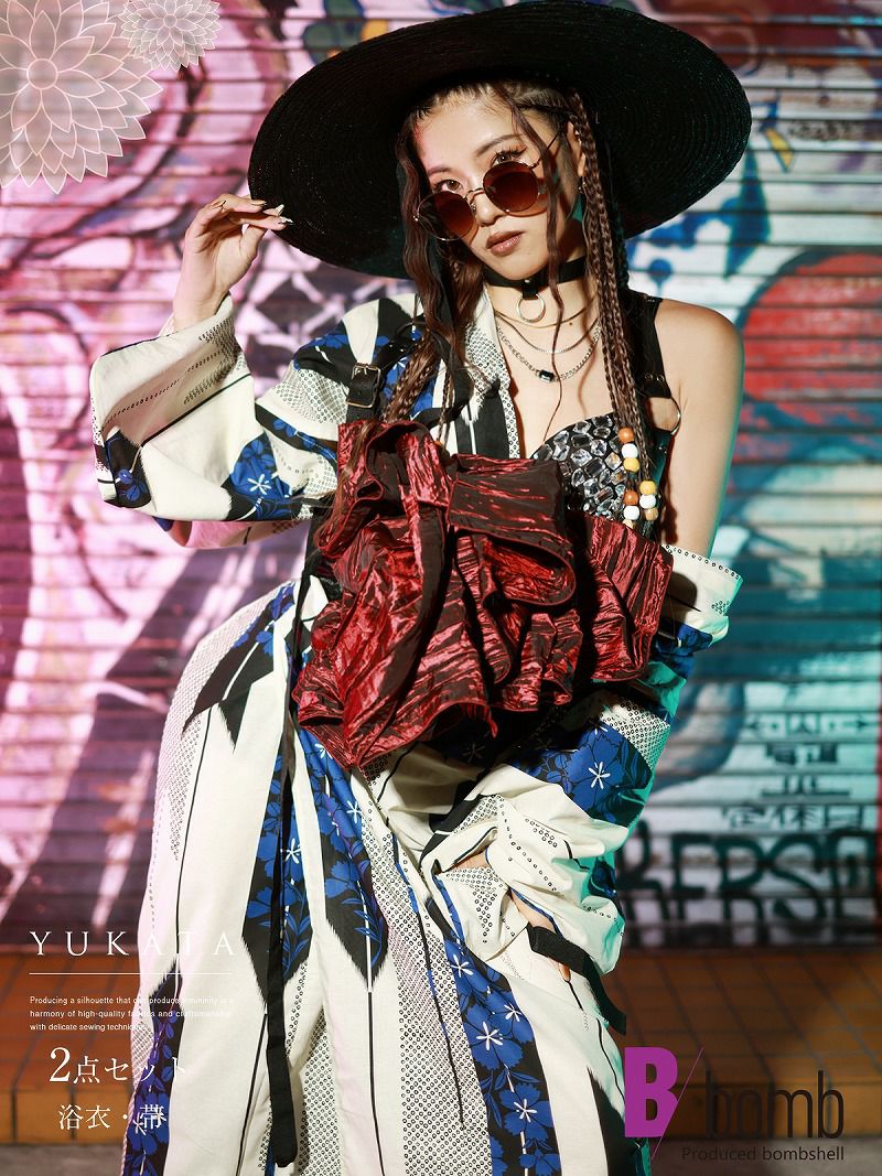 浴衣矢絣柄レディースゆかた帯セット白地クール