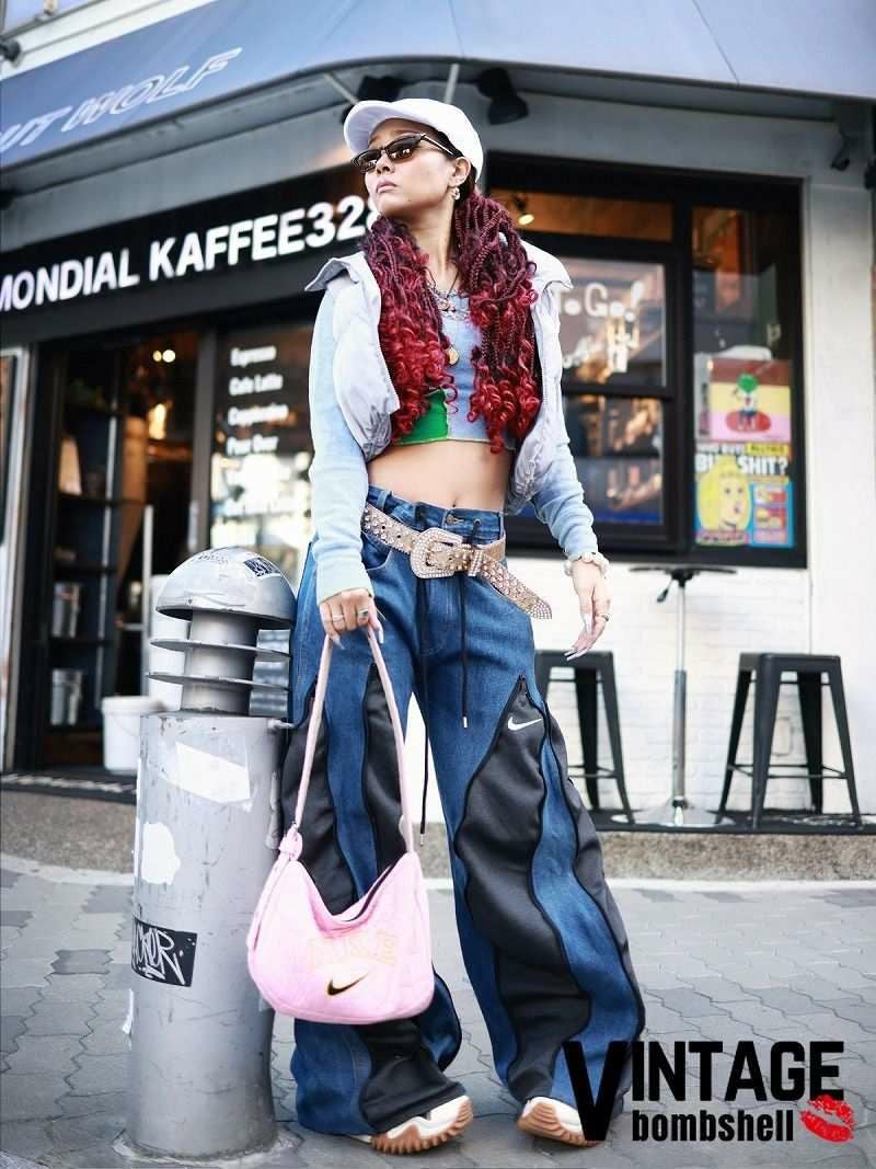NIKEジャージ×デニム再構築ワイドリメイクパンツ【Bbヴィンテージ
