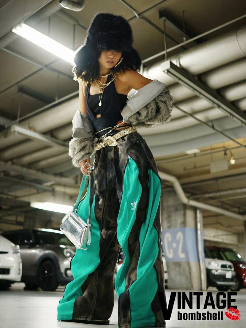 ブラック×adidasグリーンドッキング再構築デニムパンツ【Bbヴィンテージ】