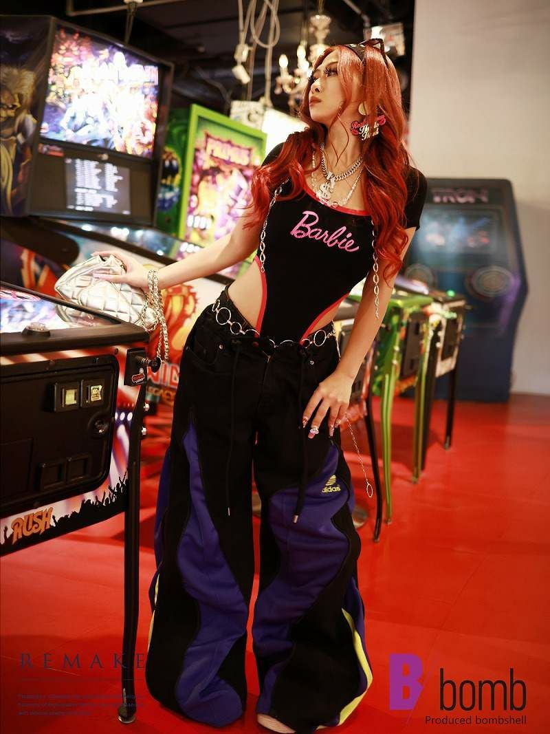 ネオンカラー切替4ジッパー再構築ワイドデニム【Bbヴィンテージ】