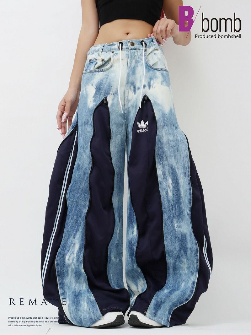 ブリーチデニム×adidasネイビー再構築ワイドパンツ【Bbヴィンテージ】