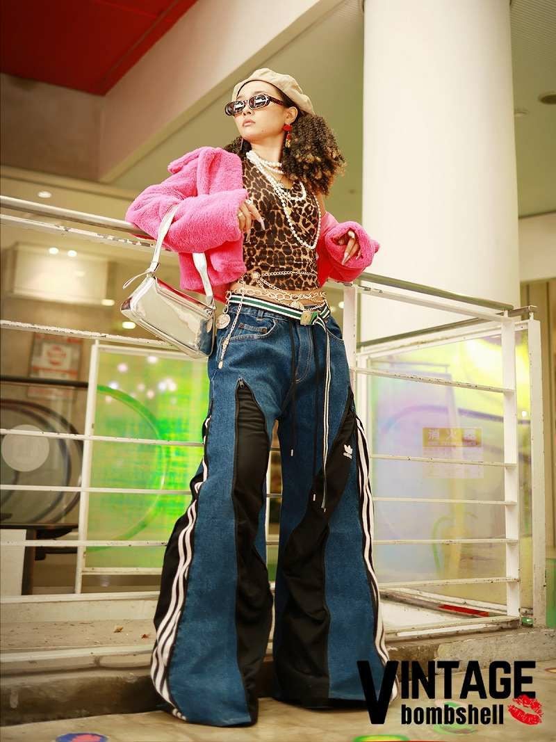 濃紺デニム×adidasブラック3本ライン再構築ワイド【Bbヴィンテージ