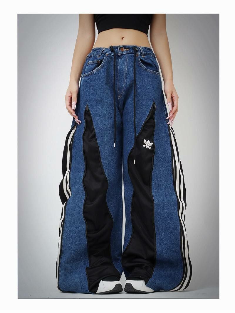 濃紺デニム×adidasブラック3本ライン再構築ワイド【Bbヴィンテージ