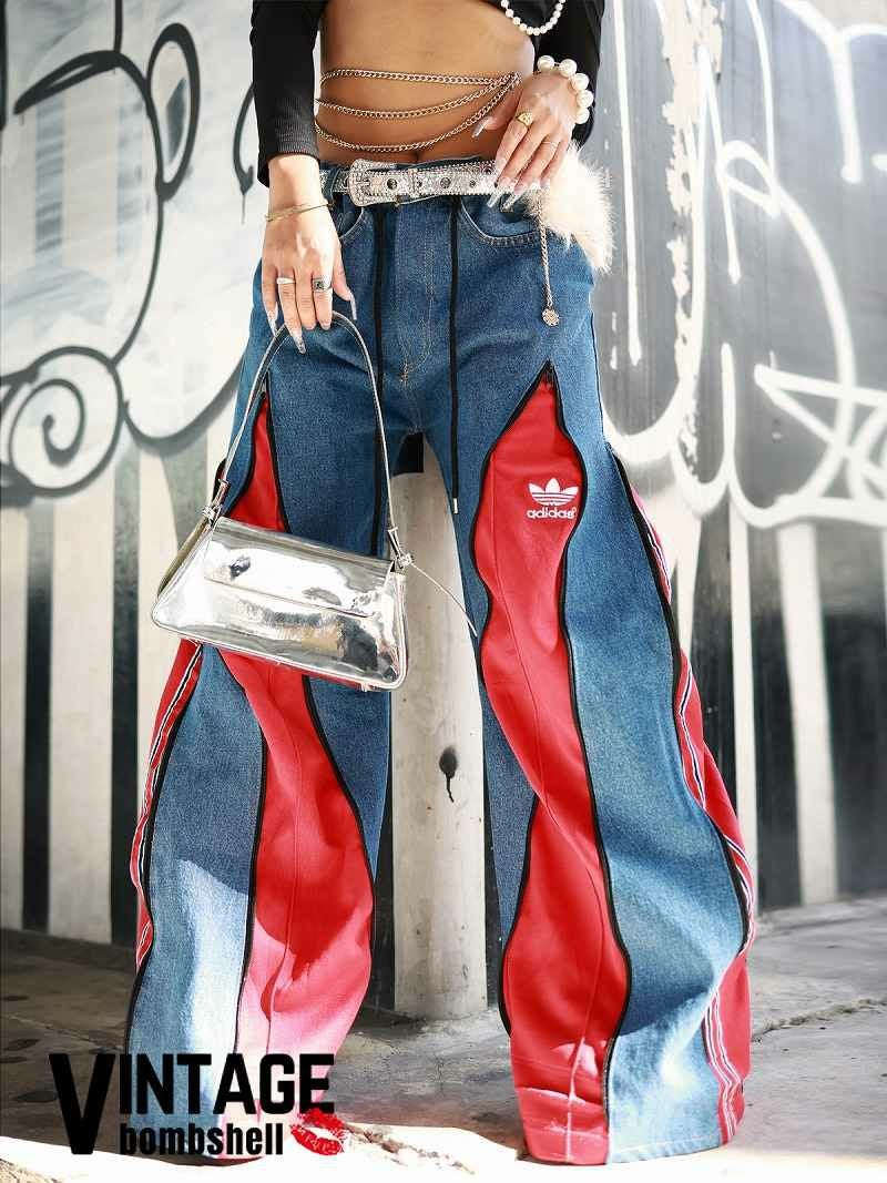 レッドadidasジャージドッキング再構築ワイドデニム【Bbヴィンテージ】