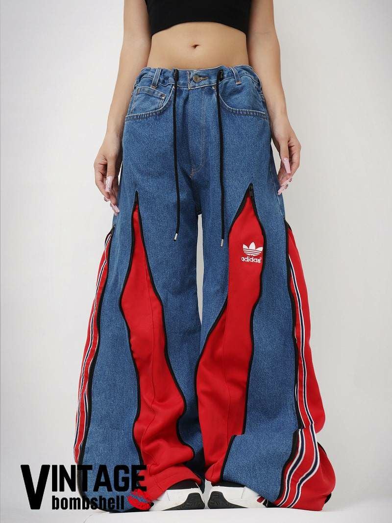レッドadidasジャージドッキング再構築ワイドデニム【Bbヴィンテージ