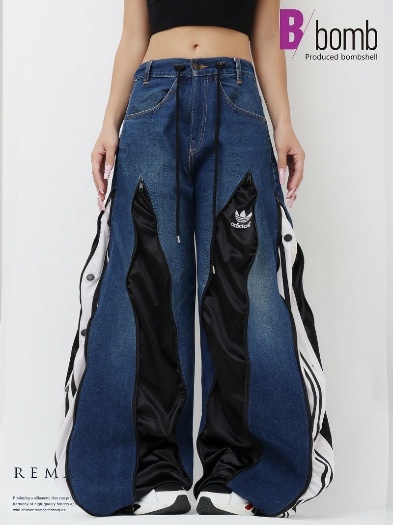 光沢ブラックadidas再構築スナップボタンワイドデニム【Bbヴィンテージ】