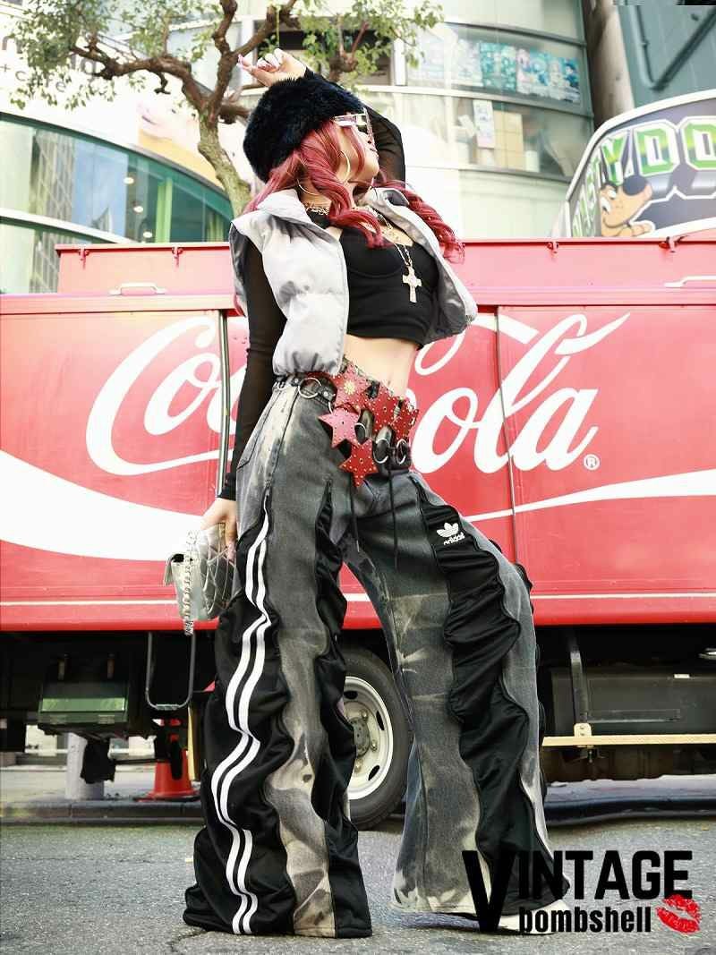 リメイクデニムダブルホワイトラインadidasワイドパンツ【Bb