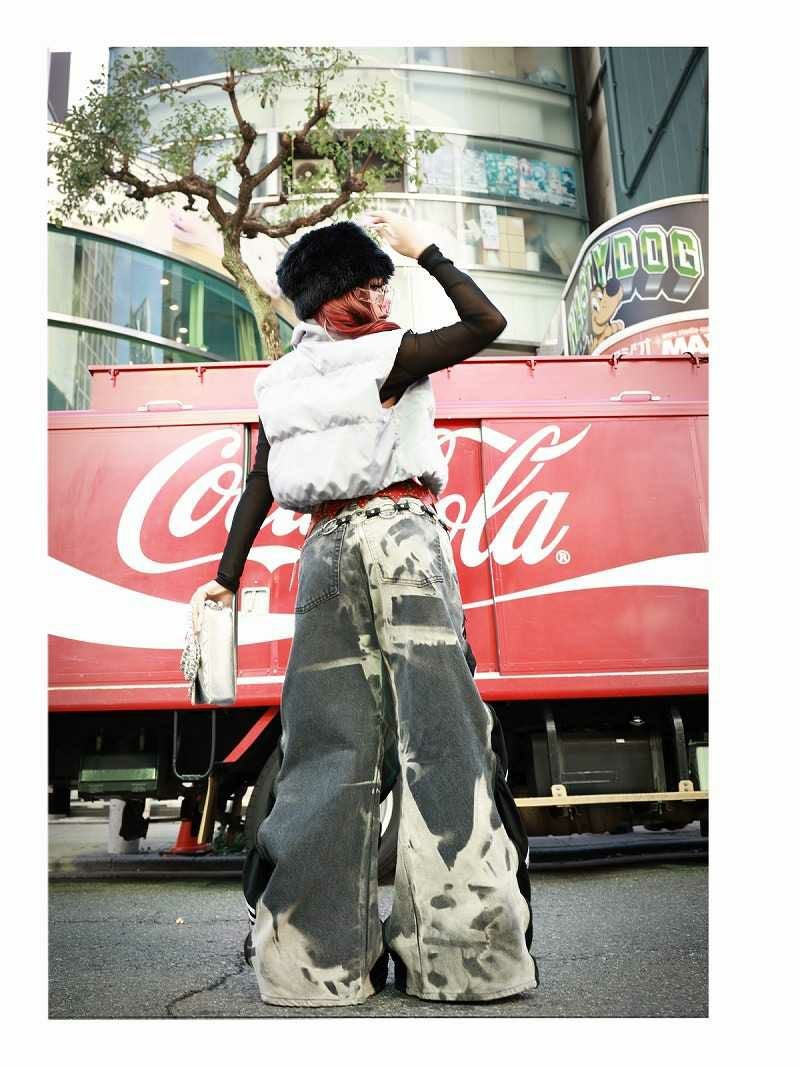 リメイクデニムダブルホワイトラインadidasワイドパンツ【Bb