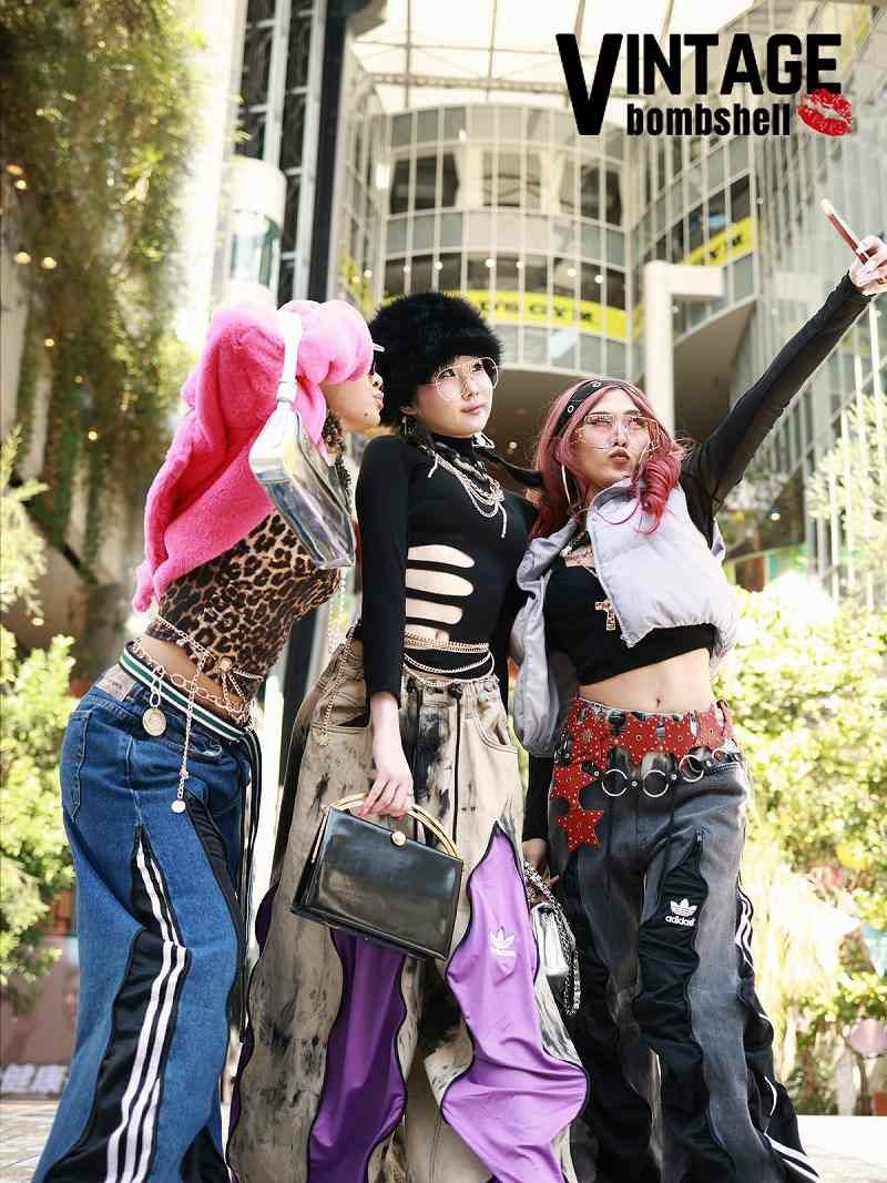 リメイクデニムダブルホワイトラインadidasワイドパンツ【Bb