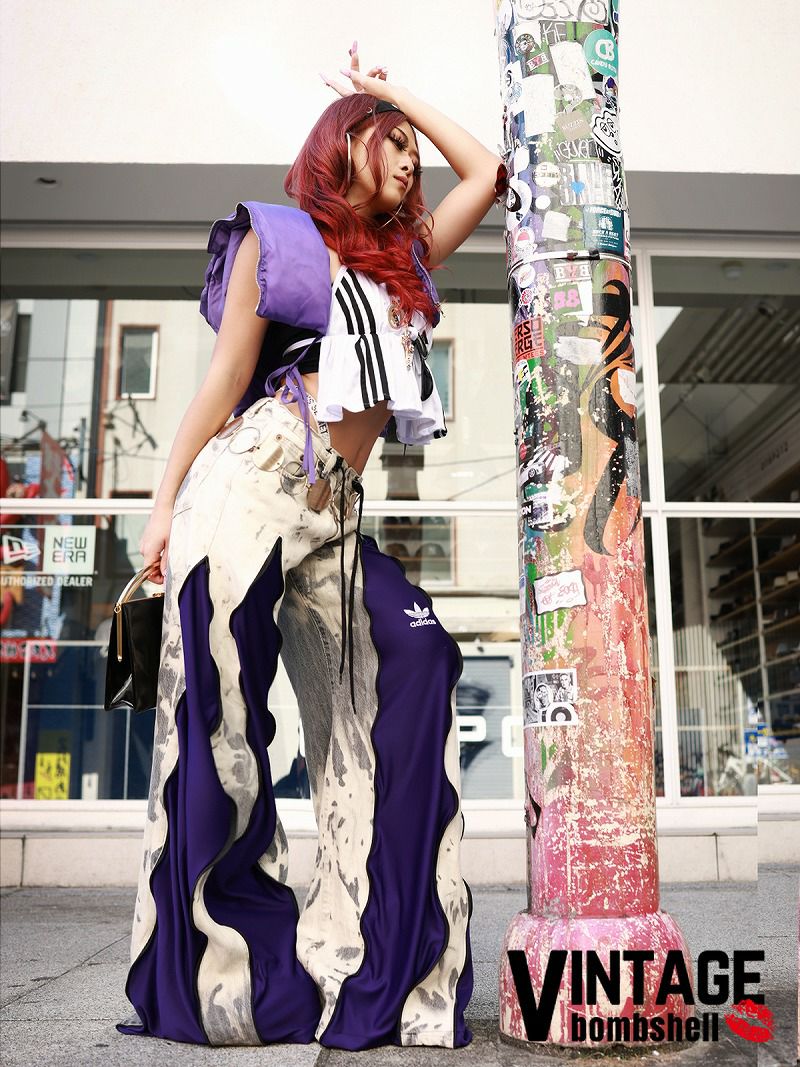 パープルadidas×ブリーチデニム再構築ワイドリメイクパンツ【Bbヴィンテージ】