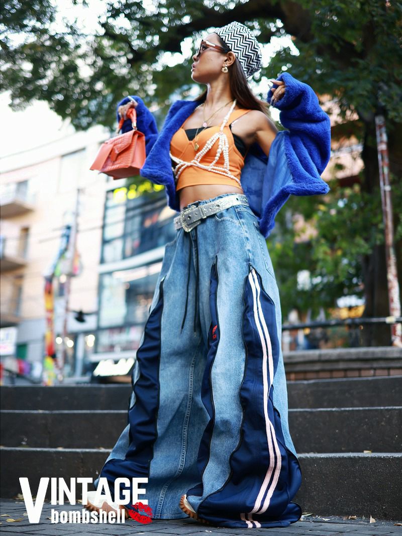 ネイビー×ピンクライン！4ジッパー付きadidas再構築ウェーブデニム【Bbヴィンテージ】