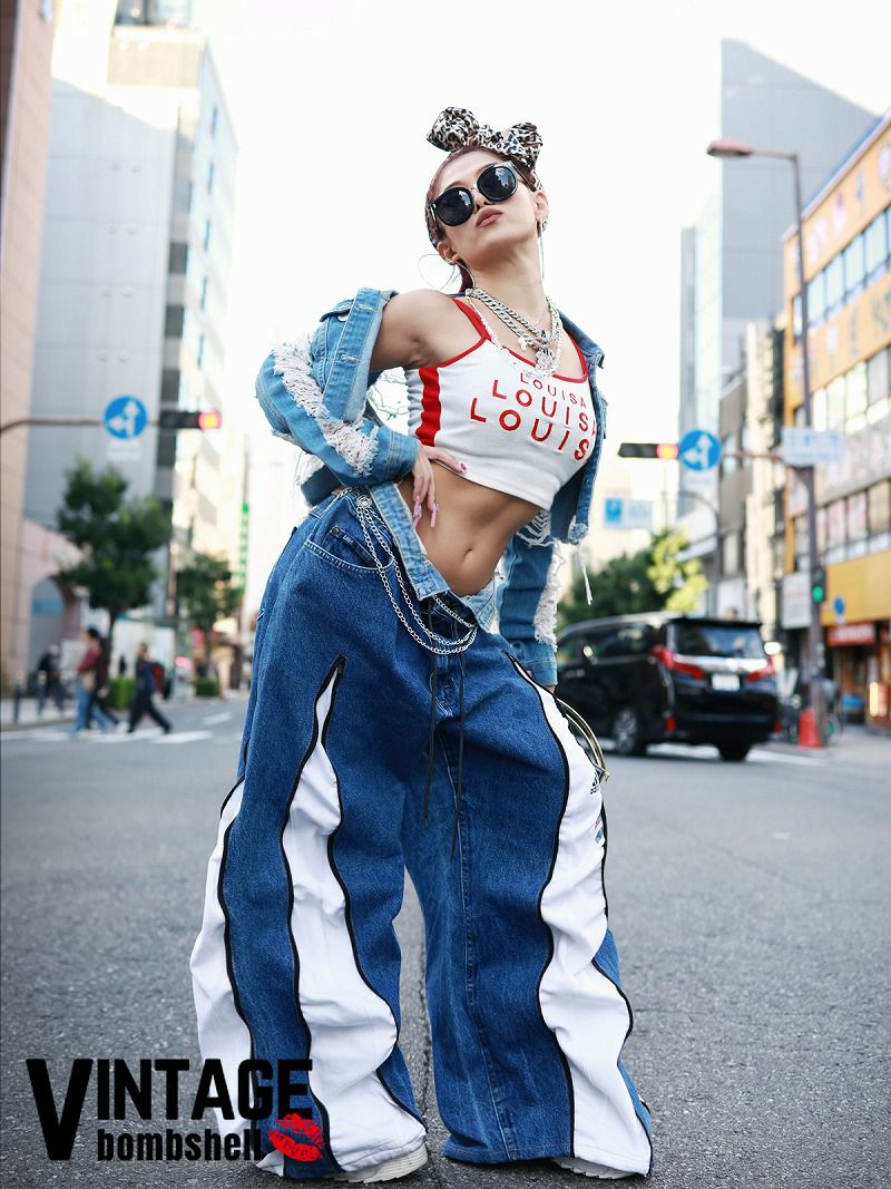 白ライン×4ジッパー！adidasドッキング再構築ワイドデニム【Bbヴィンテージ】