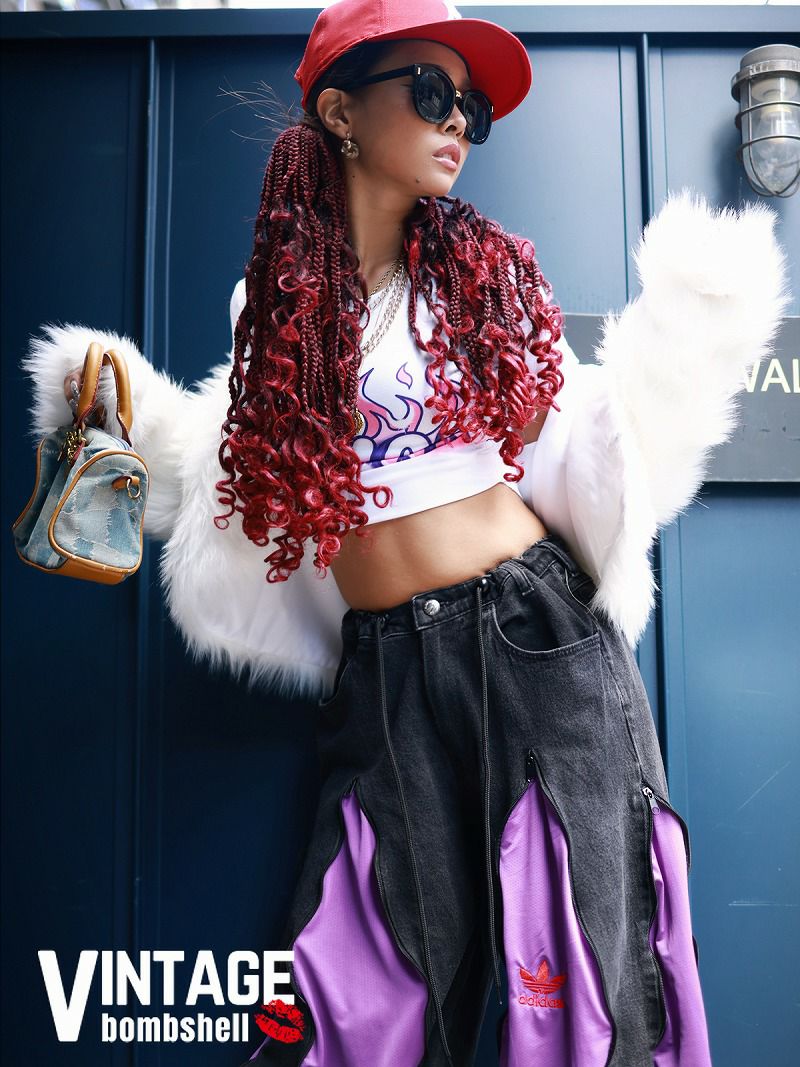 波型ドッキング！紫adidasリメイク再構築ワイドバギーパンツ【Bbヴィンテージ】