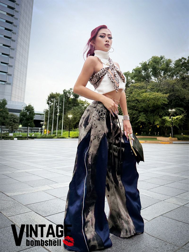 タイダイ柄再構築！ネイビーadidasドッキング極太バギー【Bbヴィンテージ】