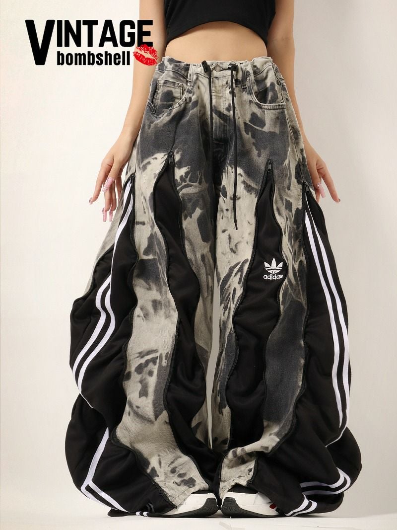 【一点もの】タイダイブリーチ×adidasサイドライン4ジッパー再構築デニム【Bbヴィンテージ】