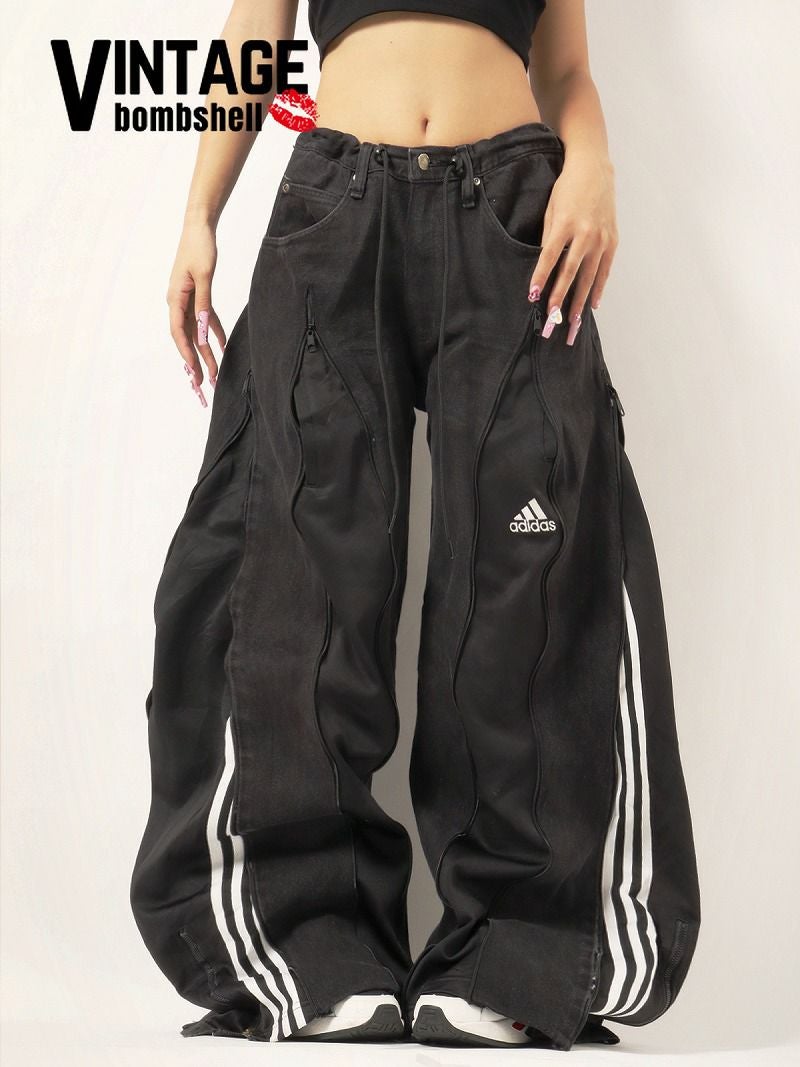 【一点もの】ブラックアディダス3本ライン4ジッパー再構築ワイドバギーパンツ【Bbヴィンテージ】