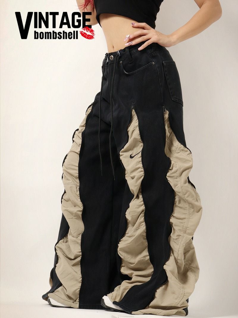 【一点もの】ブラックデニム×NIKEカーキ再構築ウェーブワイドパンツ【Bbヴィンテージ】