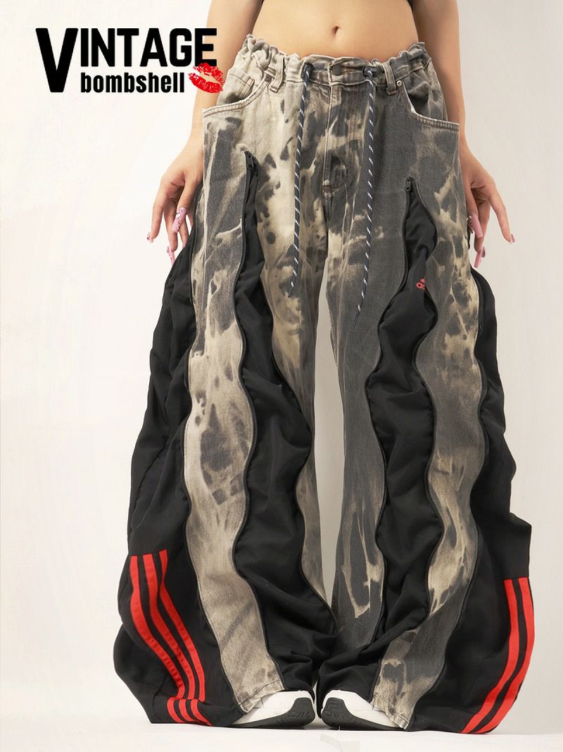 【一点もの】タイダイブリーチ×レッドadidasドッキング再構築バギーデニム【Bbヴィンテージ】