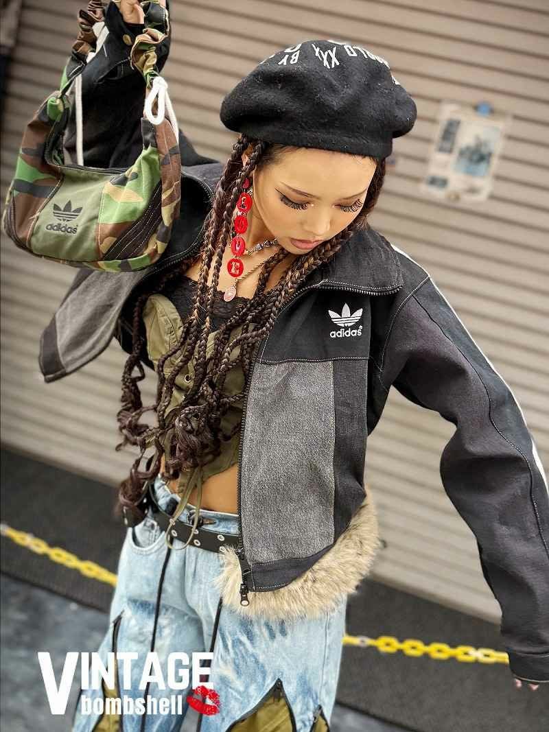 黒Gジャン×adidasジャージ再構築ショート丈デニムジャケット【Bbヴィンテージ】