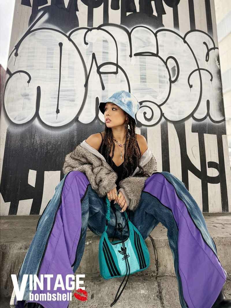 パープルadidas×タイダイ再構築ワイドリメイクパンツ【Bbヴィンテージ】