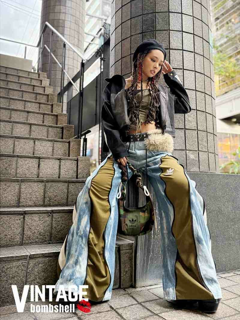 カーキadidas×ブリーチデニム再構築ワイドフレアパンツ【Bbヴィンテージ】