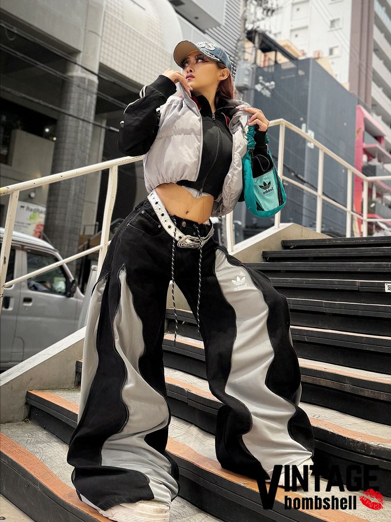 ブラックデニム×adidasメッシュ再構築ワイドパンツ【Bbヴィンテージ】