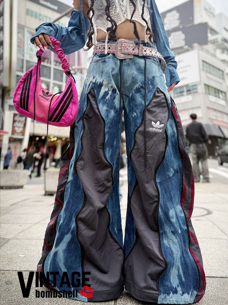 タイダイデニム×赤ラインadidas再構築ワイドパンツ【Bbヴィンテージ】