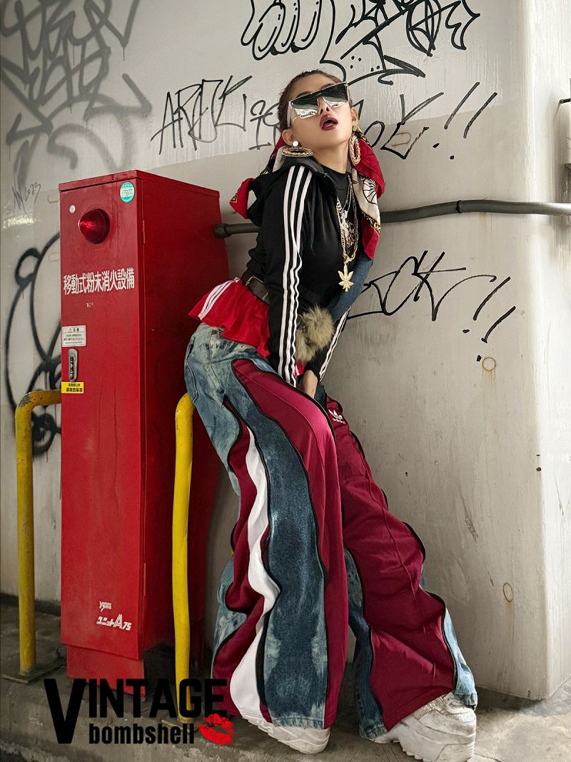 ブリーチデニム×adidasライン再構築ワイドフレアパンツ【Bbヴィンテージ】