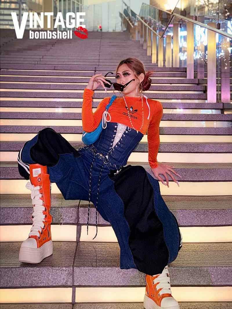 adidas黒ジャージドッキング再構築スリットデニムワイドパンツ【Bbヴィンテージ】