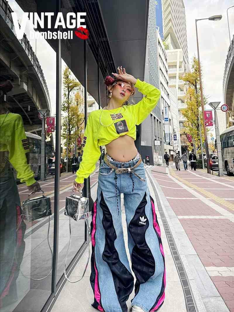 ドッキングリメイクスリットデニム×ピンクadidasワイドパンツ【Bbヴィンテージ】