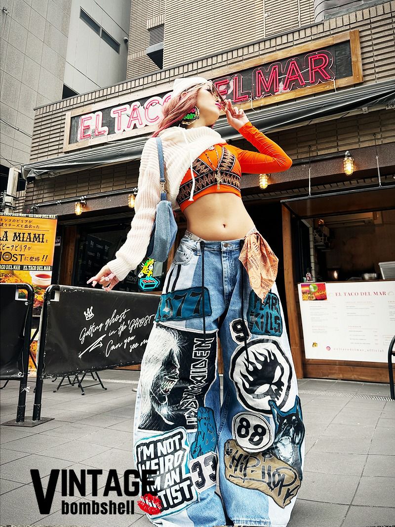 アディダス×ウォッシュデニム4ジッパー再構築ワイドパンツ【Bb