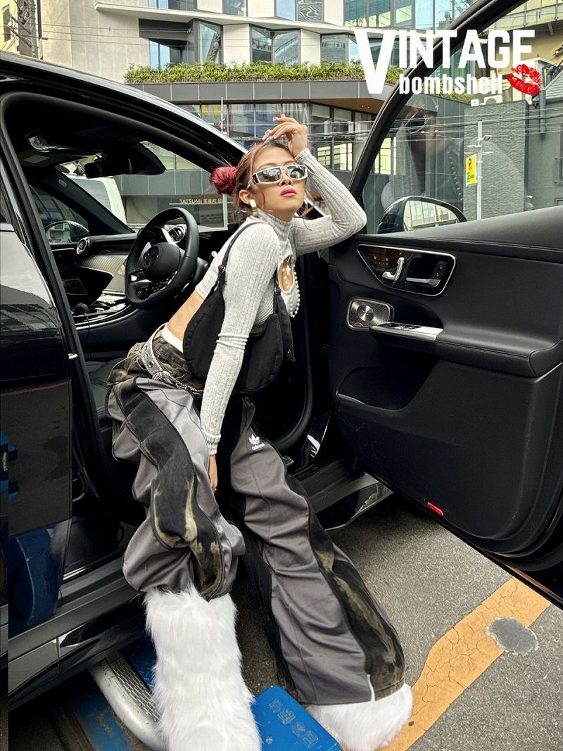 ダークタイダイブリーチ×グレーadidas再構築4ジッパーワイドバギーパンツ【Bbヴィンテージ】