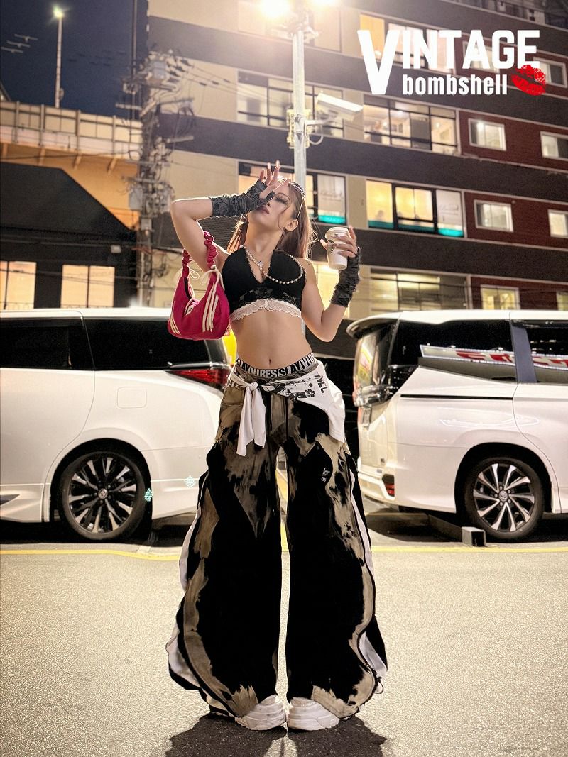 ブリーチデニム×ブラックadidas再構築4ジッパーワイドパンツ【Bbヴィンテージ】